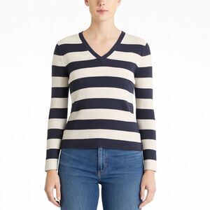 Banana Republic Womens Ribbed Grey Tan Striped V Neck Size L Sailor chic French